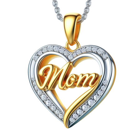 Moissanite MOM Pendant Necklace, Two-Tone Heart Jewelry Gift for Her, 18K Gold Over Sterling Silver, Handmade Mother's Day Necklace