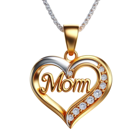 Moissanite Heart MOM Pendant, Handmade Mother’s Day Necklace, 18K Gold Over Silver, Sparkling Gift for Mom, Two-Tone Jewelry