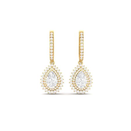 Pear Cut Double Halo Moissanite Diamond Drop Dangle Earrings 18K Gold Over Sterling Silver