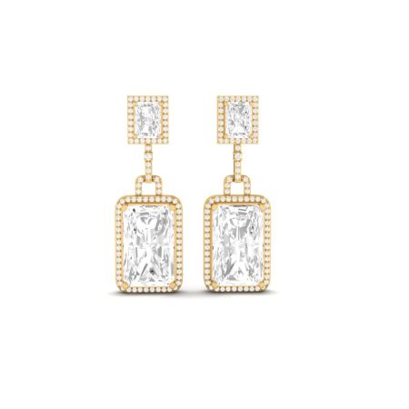 Emerald Cut Moissanite Diamond Double Halo Drop Dangle Earrings 18K Gold Over Sterling Silver