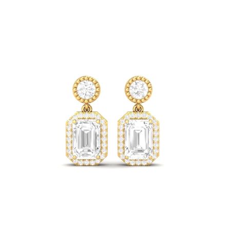 Emerald Cut Moissanite Diamond Halo Drop Earrings For Women 18K Gold Over Sterling Silver