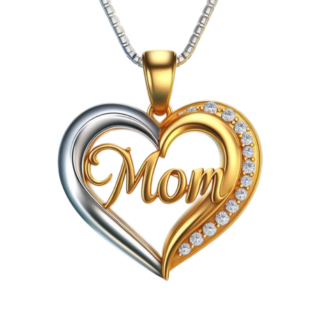 Two-Tone Moissanite Mom Heart Pendant Necklace, 18k Gold Over, Mother’s Day Gift Jewelry, Handmade Charm for Mom, Dual Tone Heart Necklace