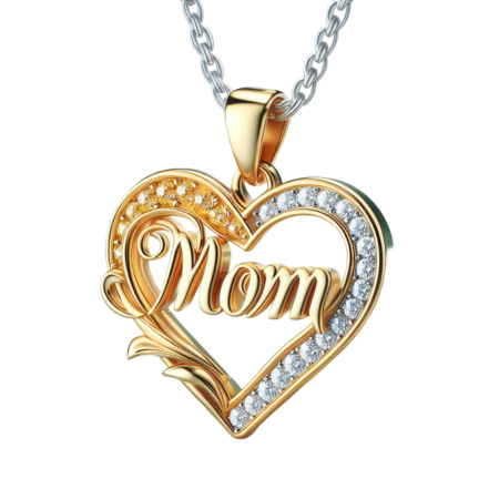 Moissanite Mom Heart Pendant Necklace, Floral Scroll Gift for Mom, 18k Gold Over Silver, Handmade Mother’s Day Jewelry, Elegant Heart Charm