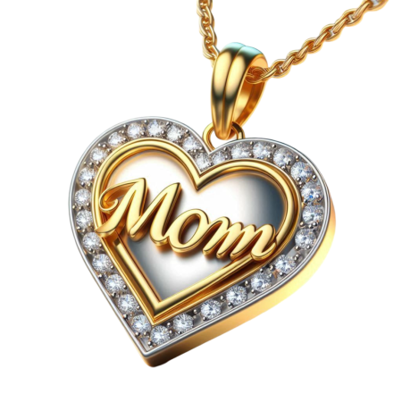 Moissanite Heart Mom Pendant Necklace, Gift for Mother, 18K Gold Over Silver, Handmade Jewelry for Her, Halo Mom Charm Necklace